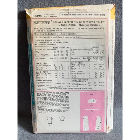 Vintage Simplicity 6324 Pattern Teens & Teen Boys Buzz-Off T-Shirts Size 11/12 - Picture 2 of 2